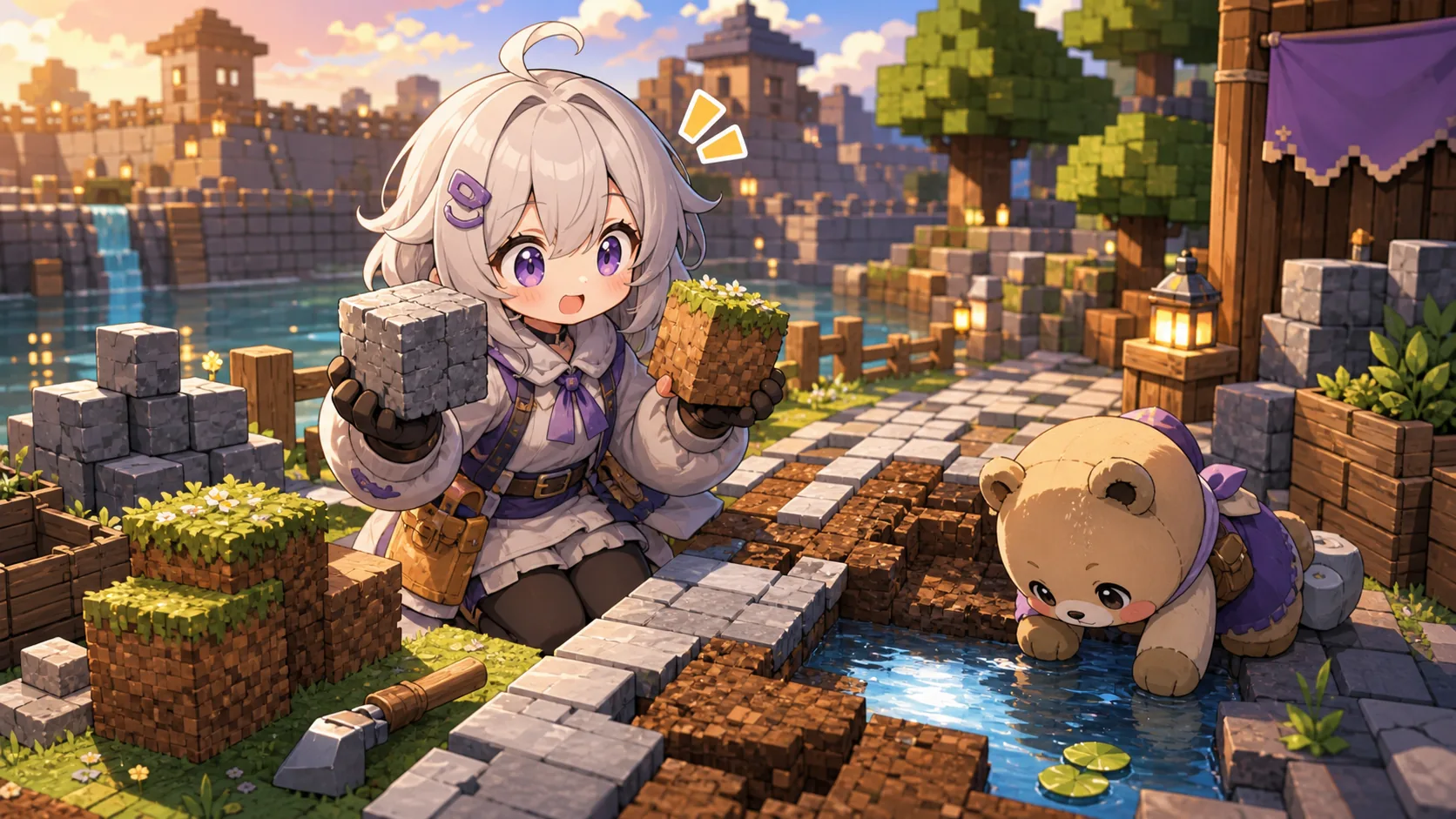 水源や石ブロックを確かめながら整地するオリジナルキャラクターのイメージ