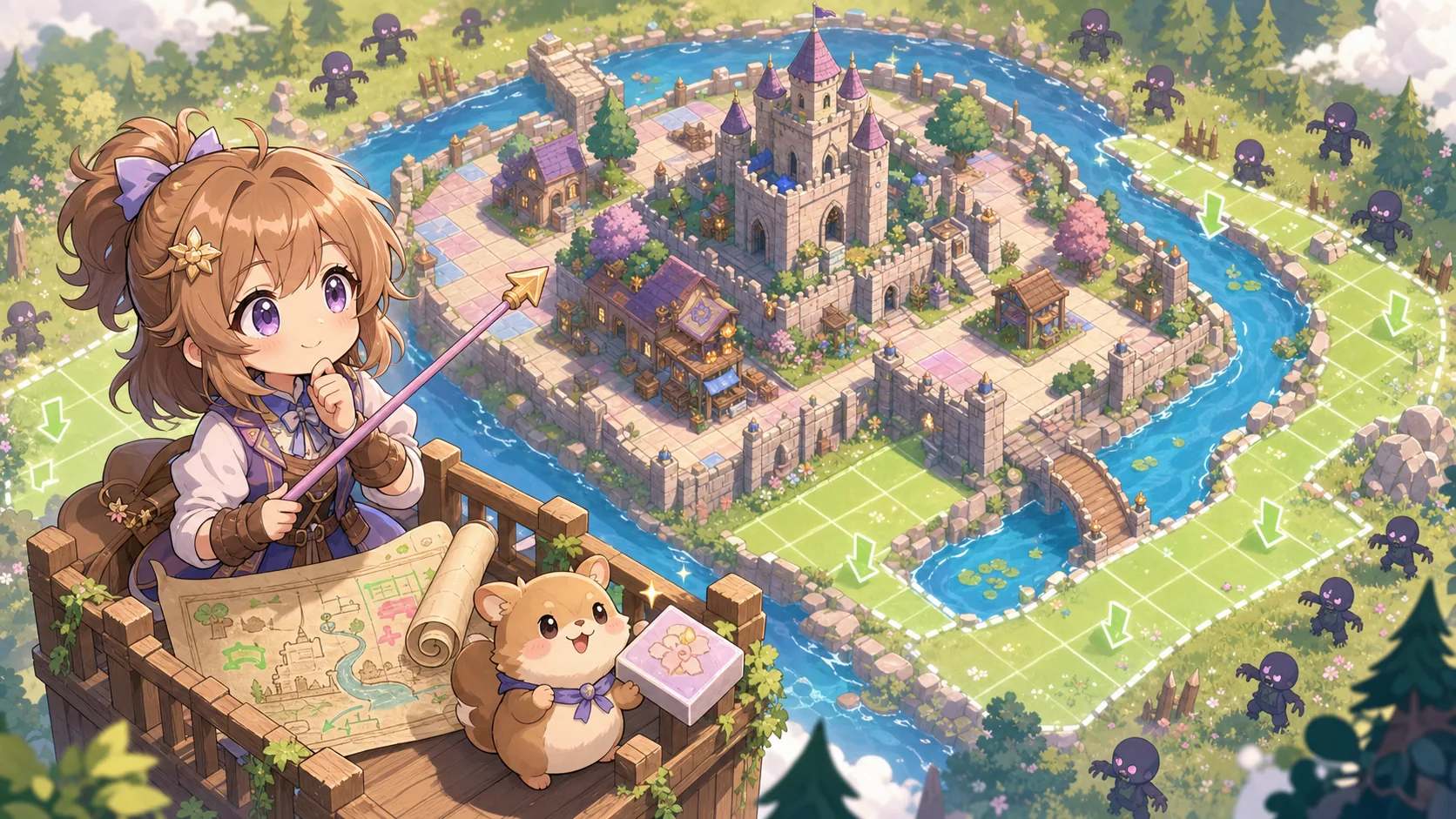 拠点の周囲と堀の範囲を見ながら湧き対策を考えるオリジナルキャラクターのイメージ