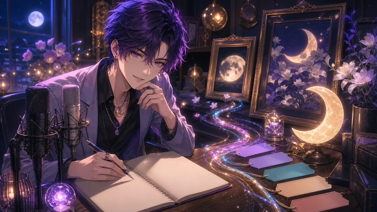原曲動画への導線、公式リンク、月形ライトを確認しながらノートを整えるオリジナル男性キャラクターのイメージ