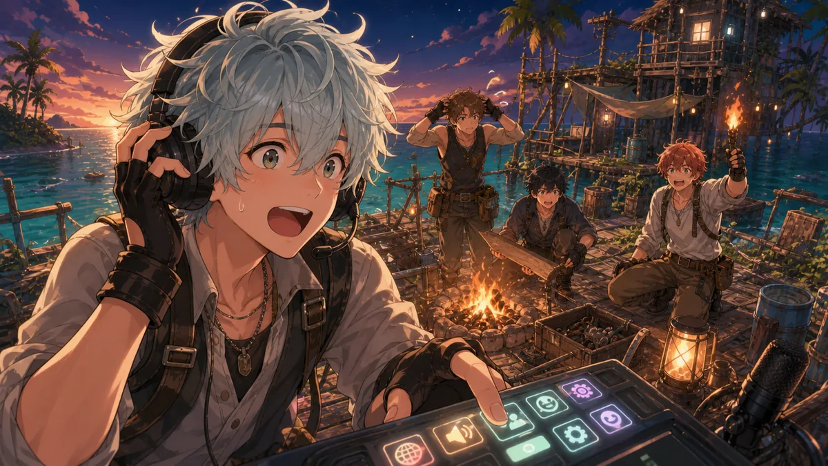 配信開始の混線と暗くなる島で火を急ぐオリジナル男性キャラクターのイメージ