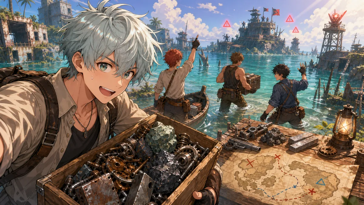 沈んだ島でスクラップと鉱石を集めるオリジナル男性キャラクターのイメージ