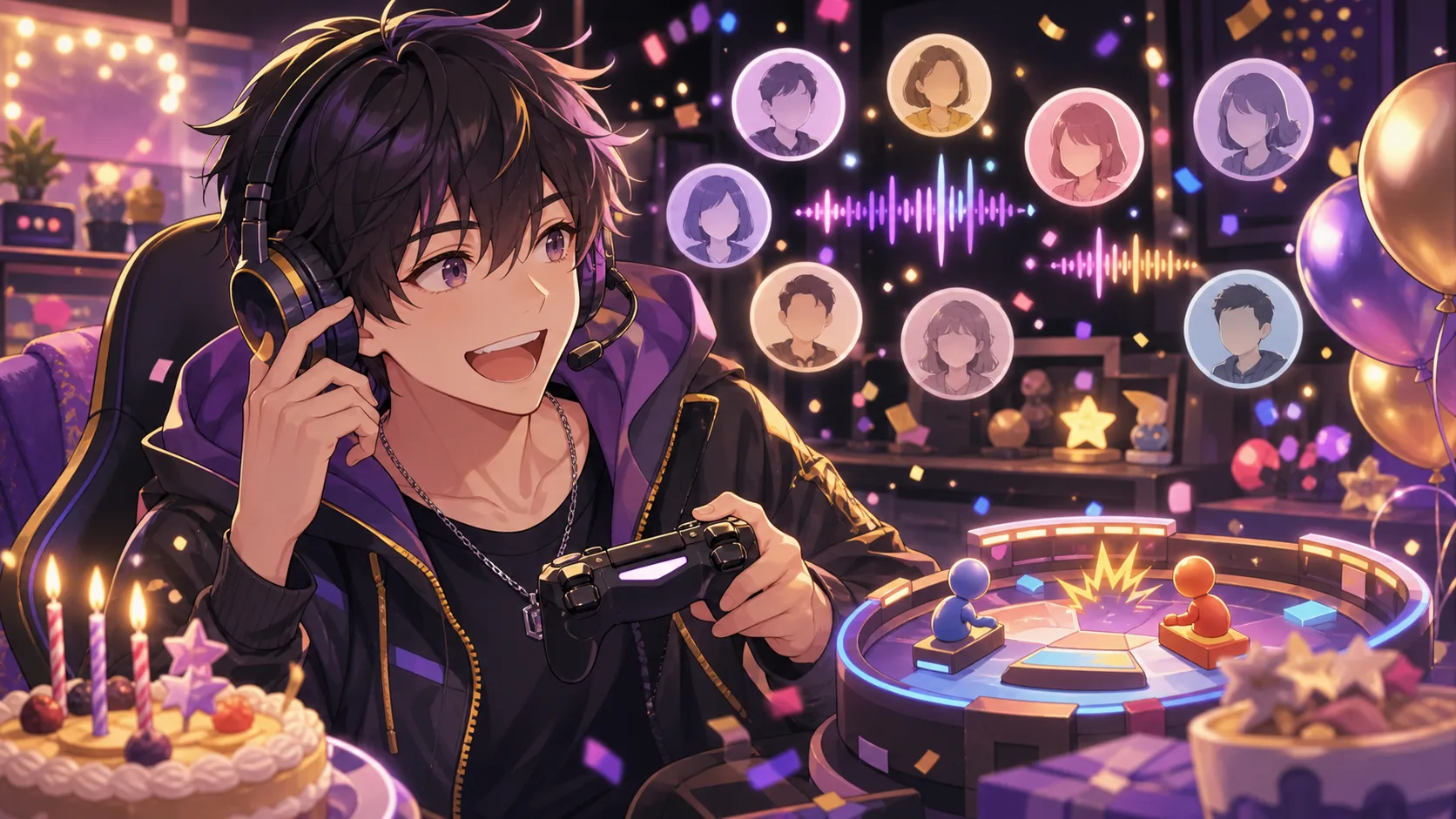 通話アイコンと対戦ゲームの小物を前に祝福を受けるオリジナル男性キャラクターのイメージ