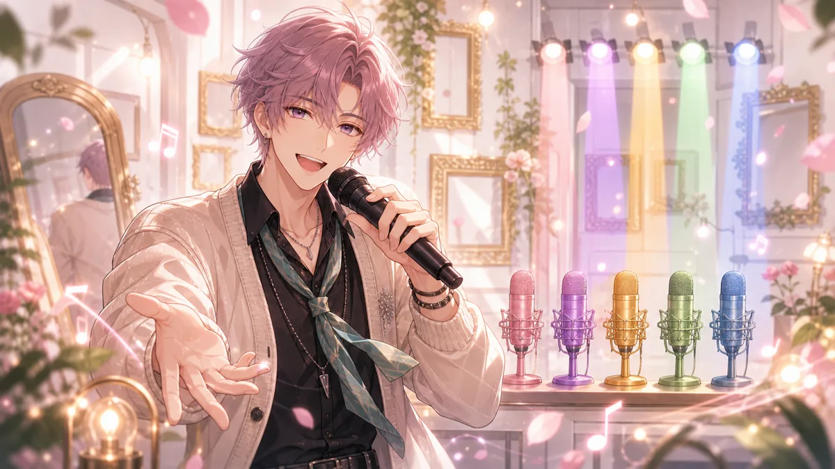 白いスタジオと5色のマイクで前半の明るさを表すオリジナル男性キャラクターのイメージ