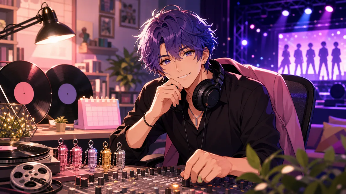原曲MVと制作クレジットを確認しながら音を整理するオリジナル男性キャラクターのイメージ