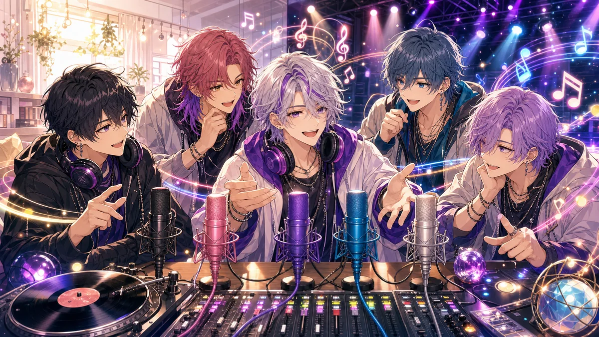 配信画面と原曲リンクを見比べながら5色のマイクを整理するオリジナル男性キャラクターたちのイメージ