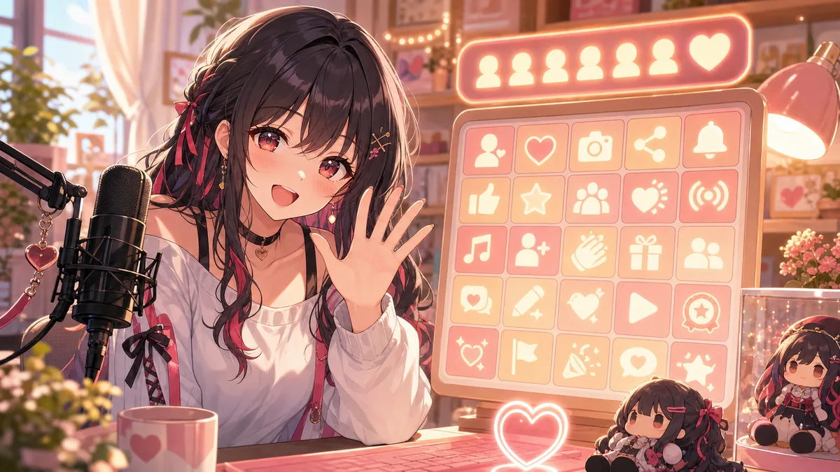 ビンゴカードと登録者カウンターを見ながら初見コメントを迎えるオリジナル女性キャラクターのイメージ