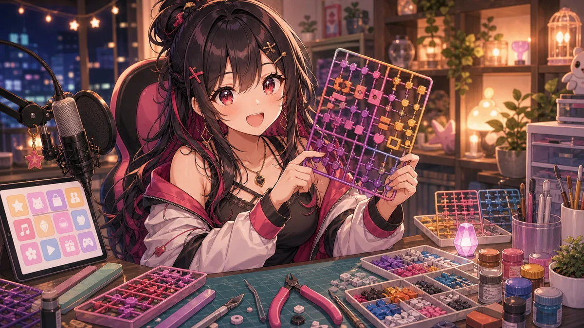模型パーツと配信メモを囲みながらプラモデル談義をするオリジナル女性キャラクターのイメージ