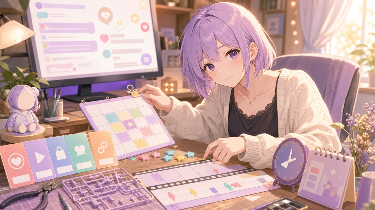 ビンゴ表と公式リンクを整理しながら昼配信の流れを振り返るオリジナル女性キャラクターのイメージ