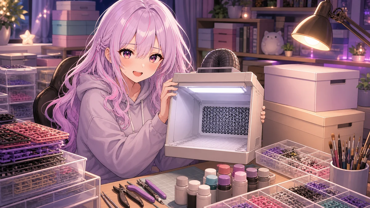 明るい配信部屋で模型道具と塗装ブースの箱を眺めるイメージ