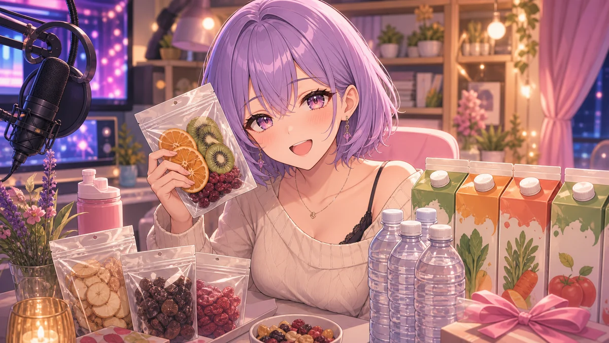 明るい配信部屋でギフト箱と飲み物を前に笑う女性キャラクターのイメージ