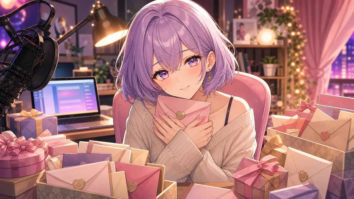 小さな手紙とリボン付きの箱を置いた配信机で丁寧に読み返す女性キャラクターのイメージ