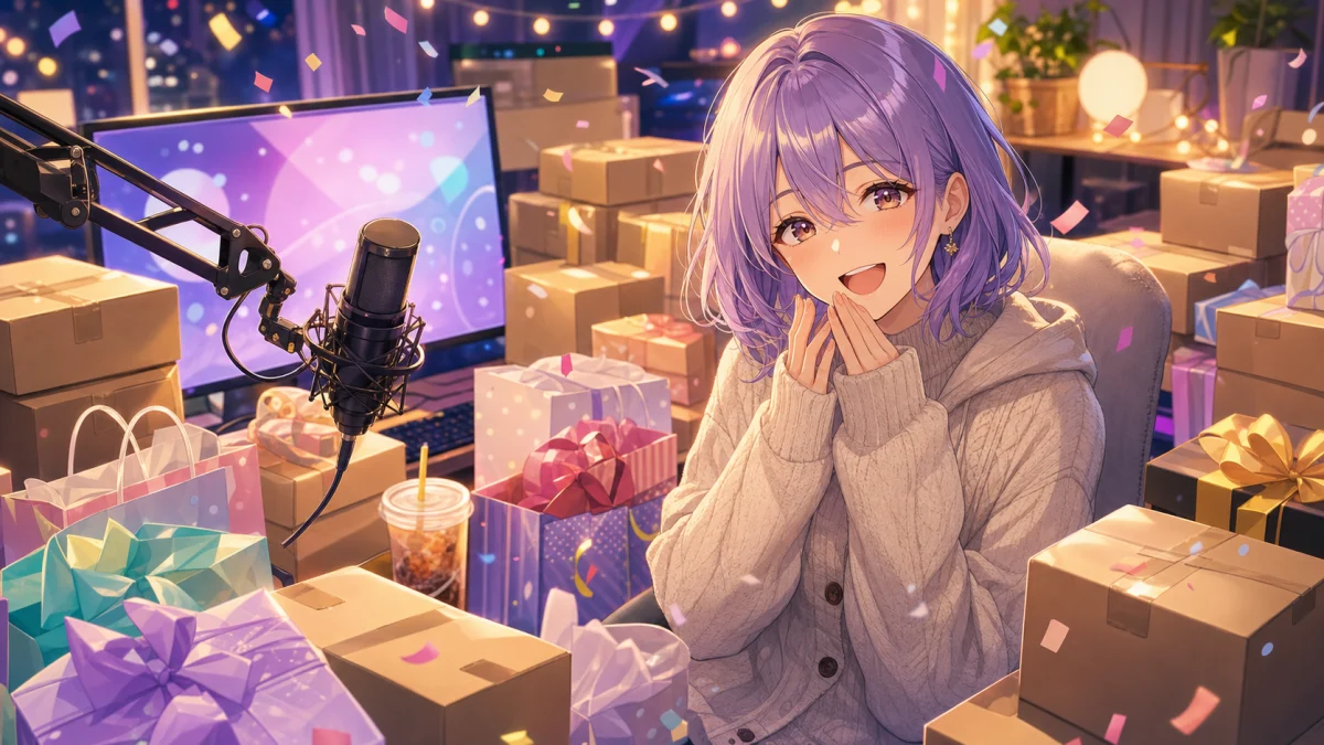 積まれたギフト箱と配信画面の光を前に驚きながら感謝する女性キャラクターのイメージ