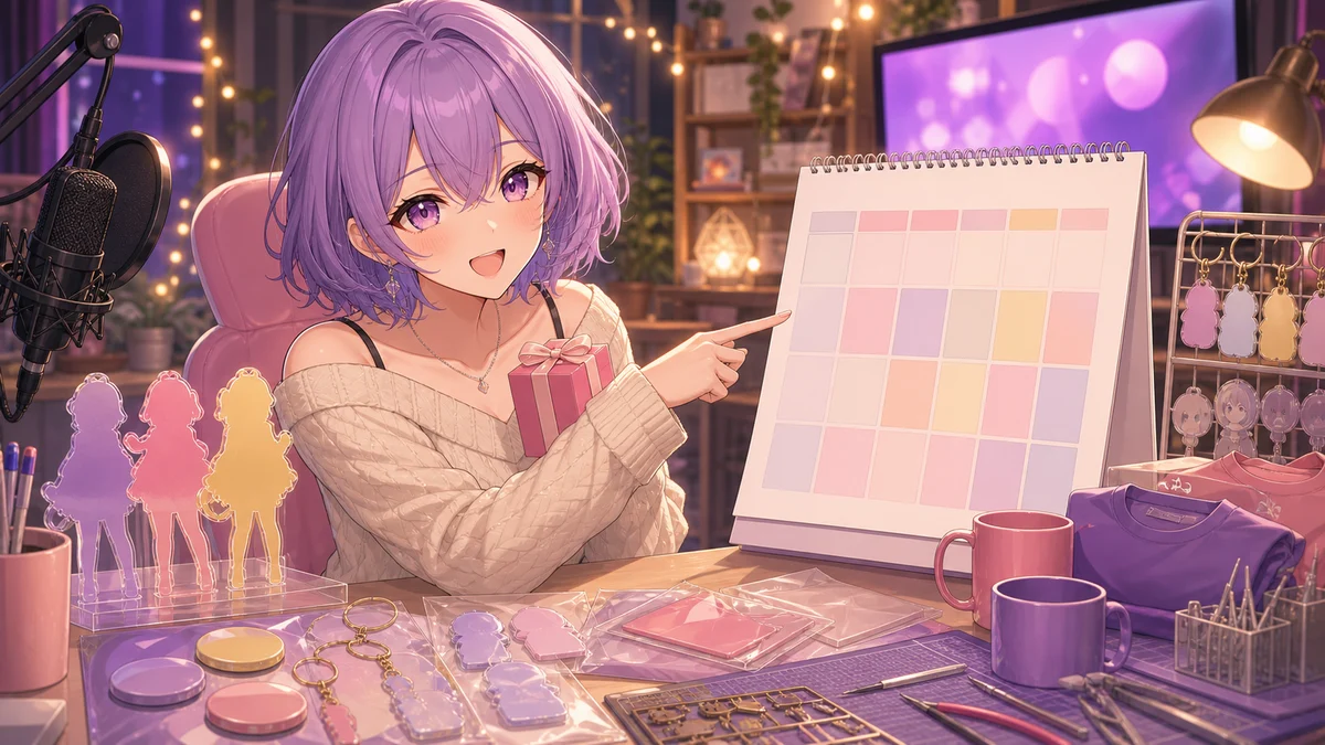 カレンダーとグッズ見本と小さな工具を置いた配信机で案内する女性キャラクターのイメージ