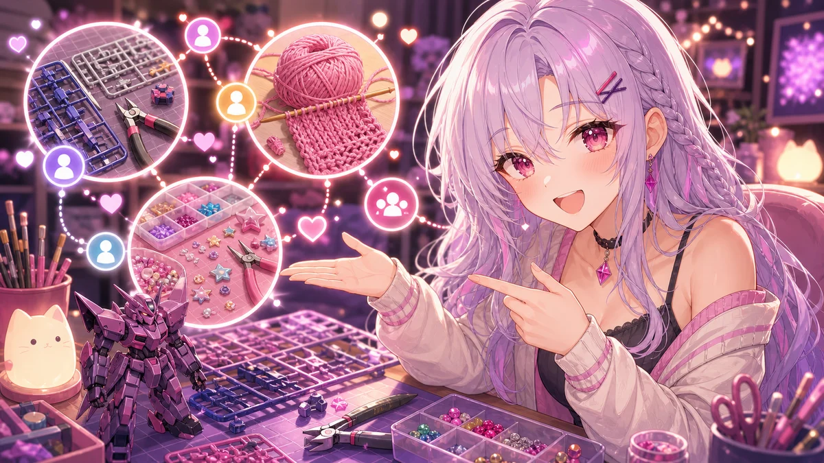 複数の小さな作業道具とコメント欄の光が並ぶ配信部屋で手を振る女性キャラクターのイメージ