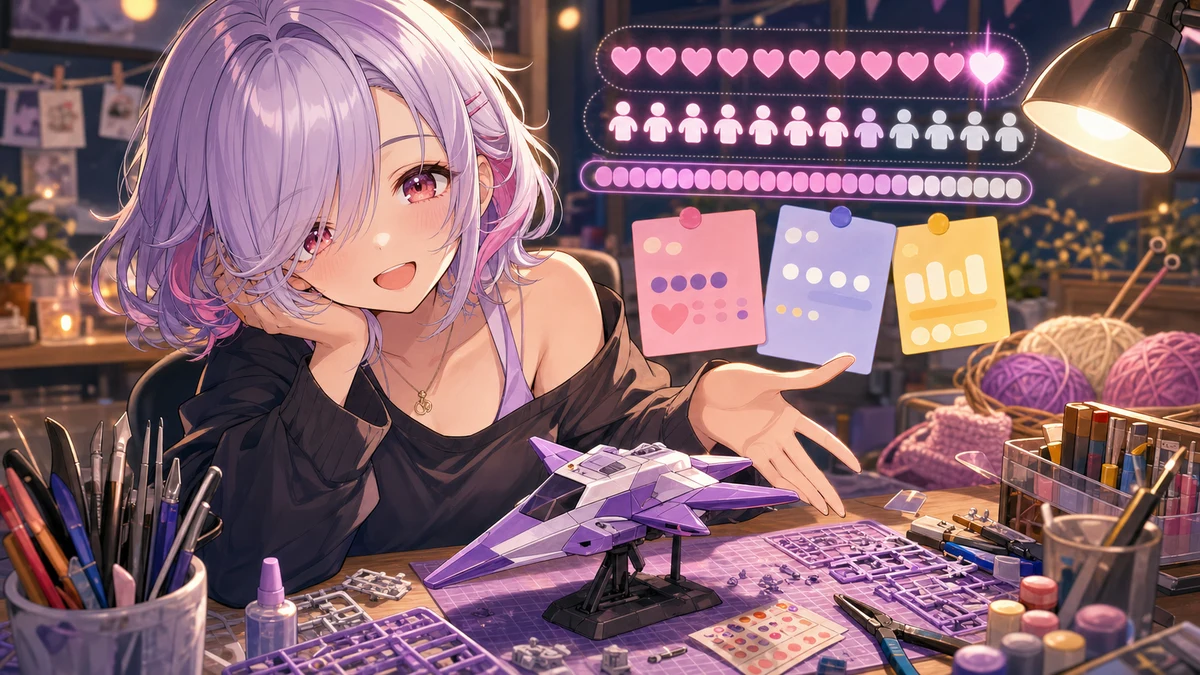 明るい作業机で小さな完成模型と進捗UIを示す女性キャラクターのイメージ