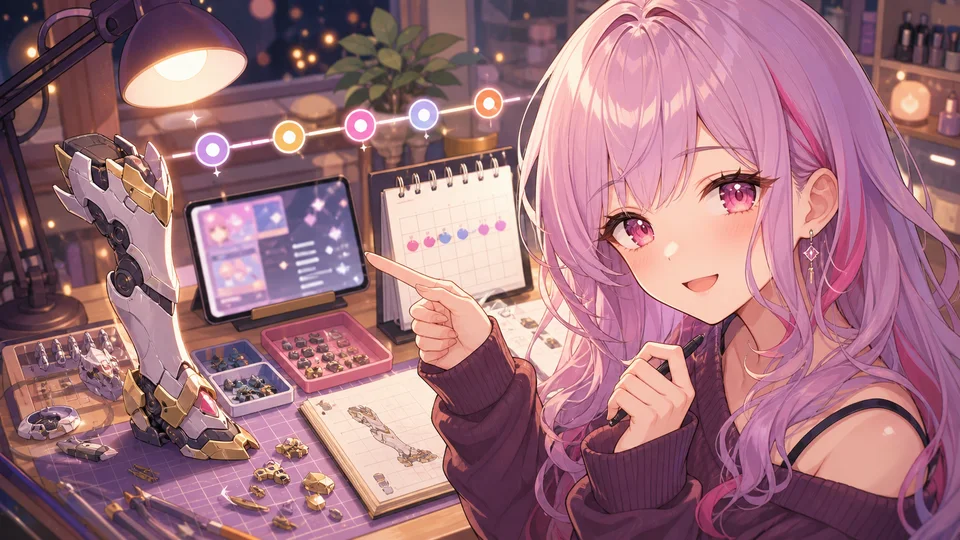 夜の作業卓で未完成パーツと予定表を確認する女性キャラクターのイラスト