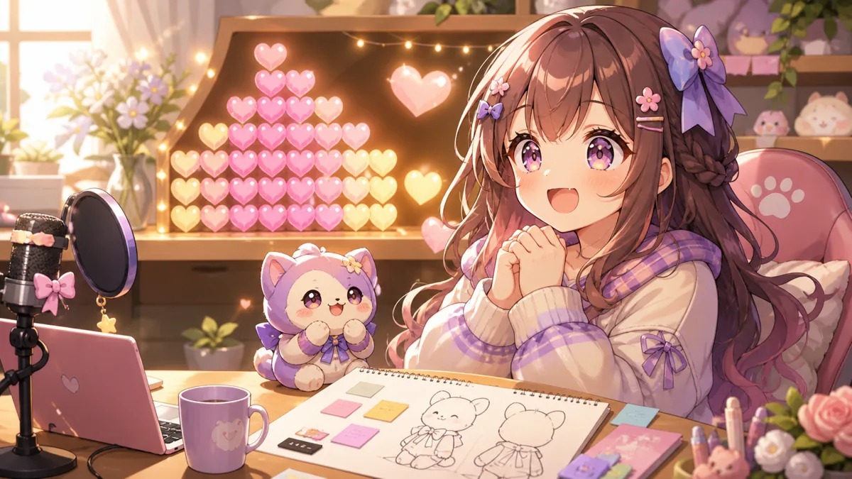 登録者数の光るカウンターと小さなぬいぐるみ企画メモを囲むオリジナルキャラクターのイメージ