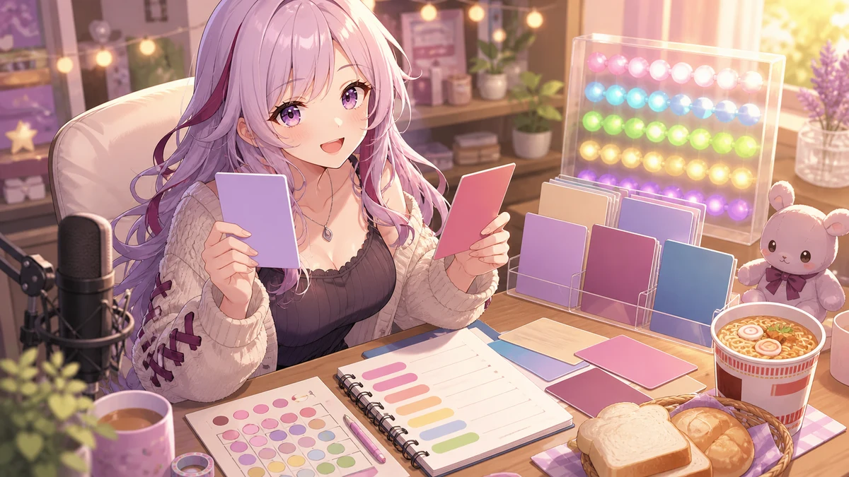 配信机で無地のカードやビンゴ盤面を整理する淡い髪の女性キャラクターのイメージ