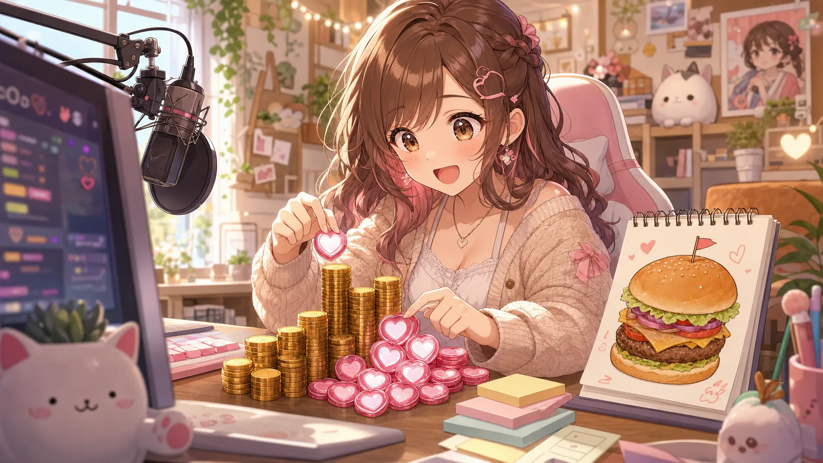 明るい配信机で予算カウンターとバーガーのメモを見つめるオリジナル女性キャラクターのイメージ