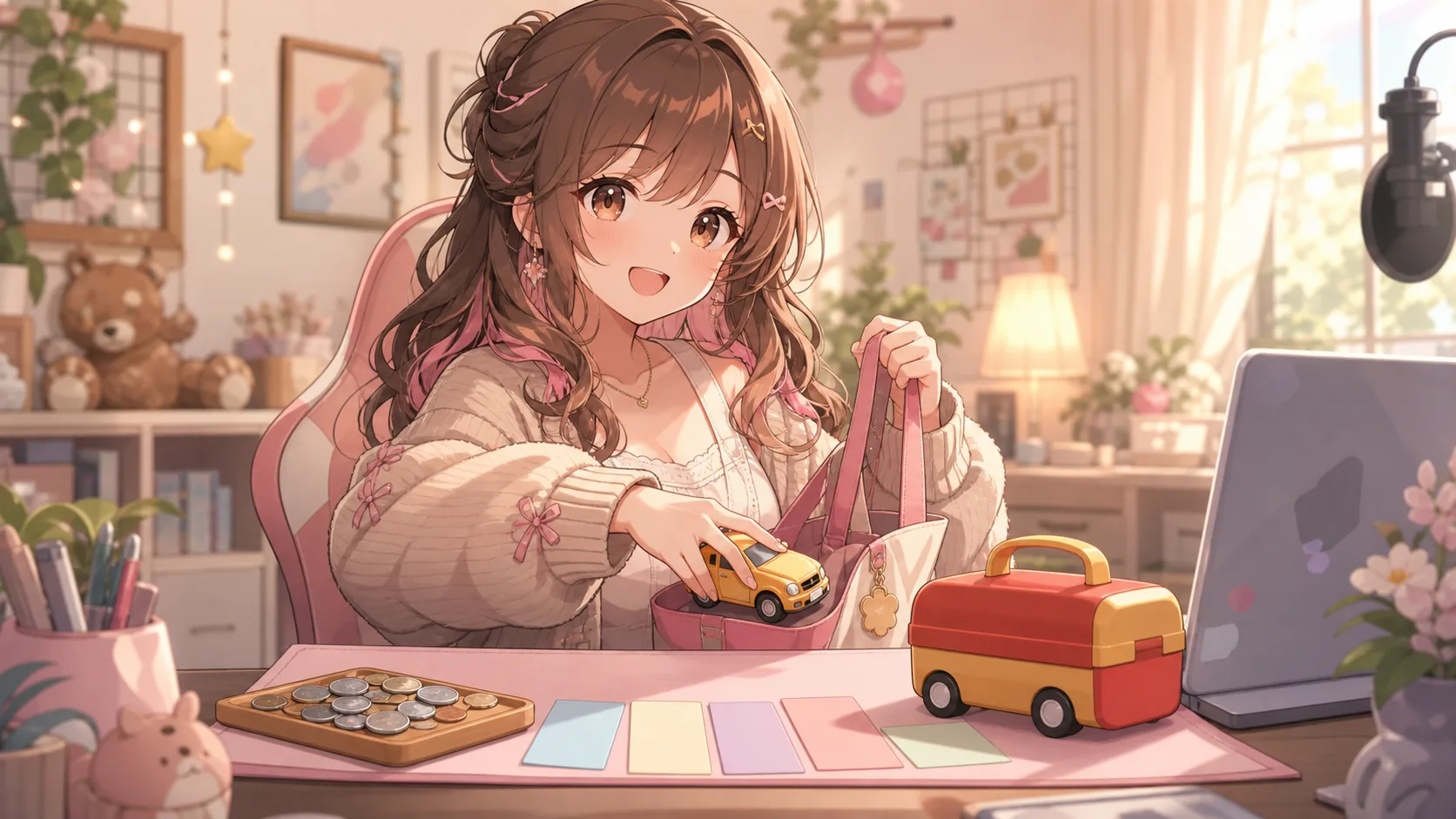 1354円の予算メモとファンクラブ告知カードを片付けるオリジナル女性キャラクターのイメージ
