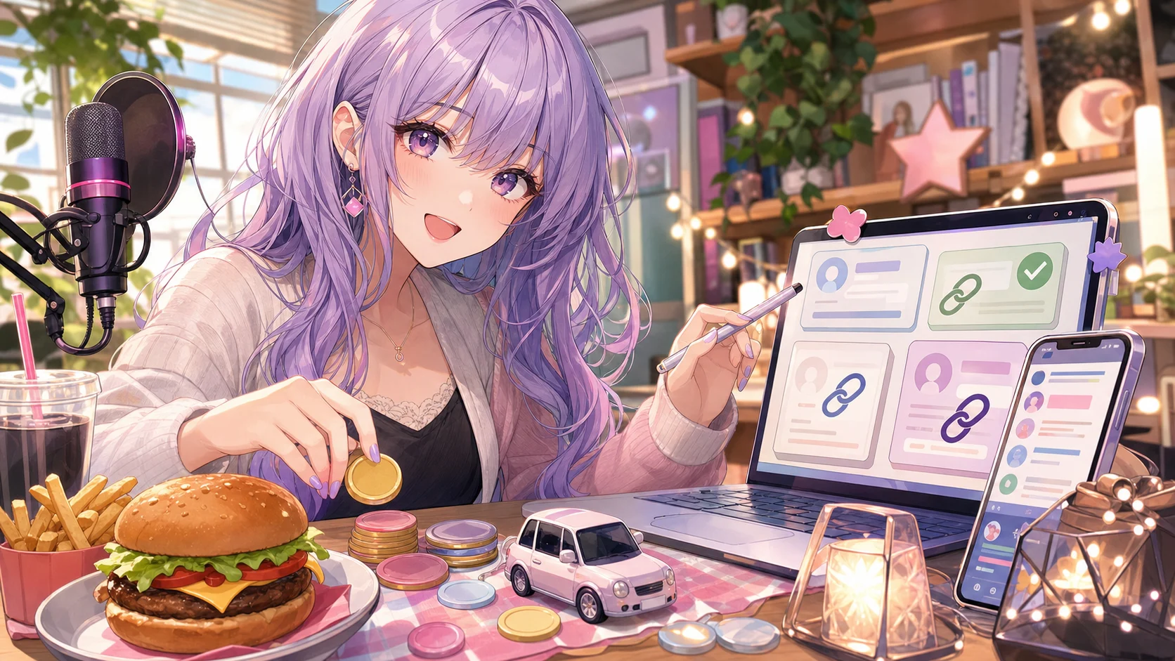 配信机で昼食メモと小さな車のおもちゃ、リンク形のカードを確認するオリジナル女性キャラクターのイメージ