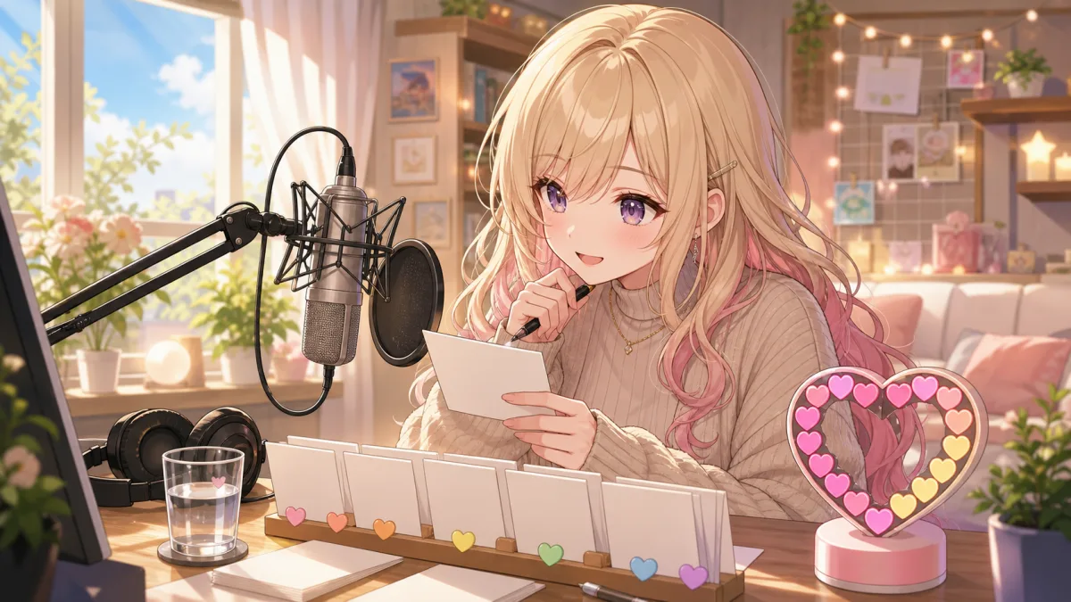 配信部屋で女性キャラクターがマイクと高評価カウンターを見ながら曲順メモを整えるイメージ