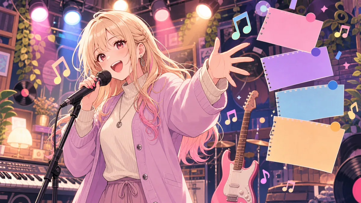 女性キャラクターがマイクの前で曲順カード、音符、ライトの並ぶステージを見つめるイメージ