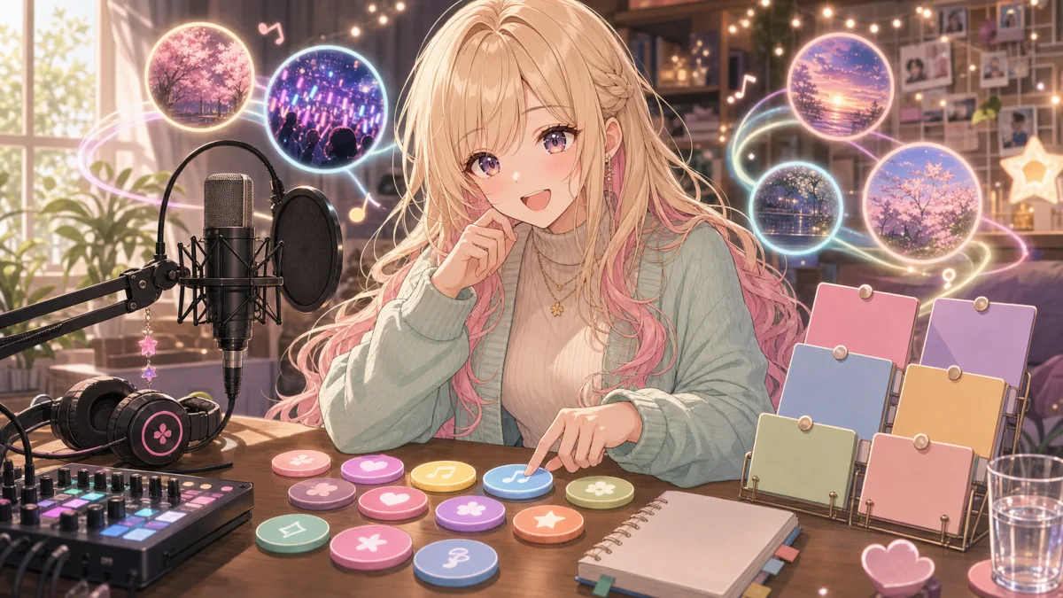 女性キャラクターが色付きの曲選びチップとヘッドホンを前に次の曲を選ぶイメージ
