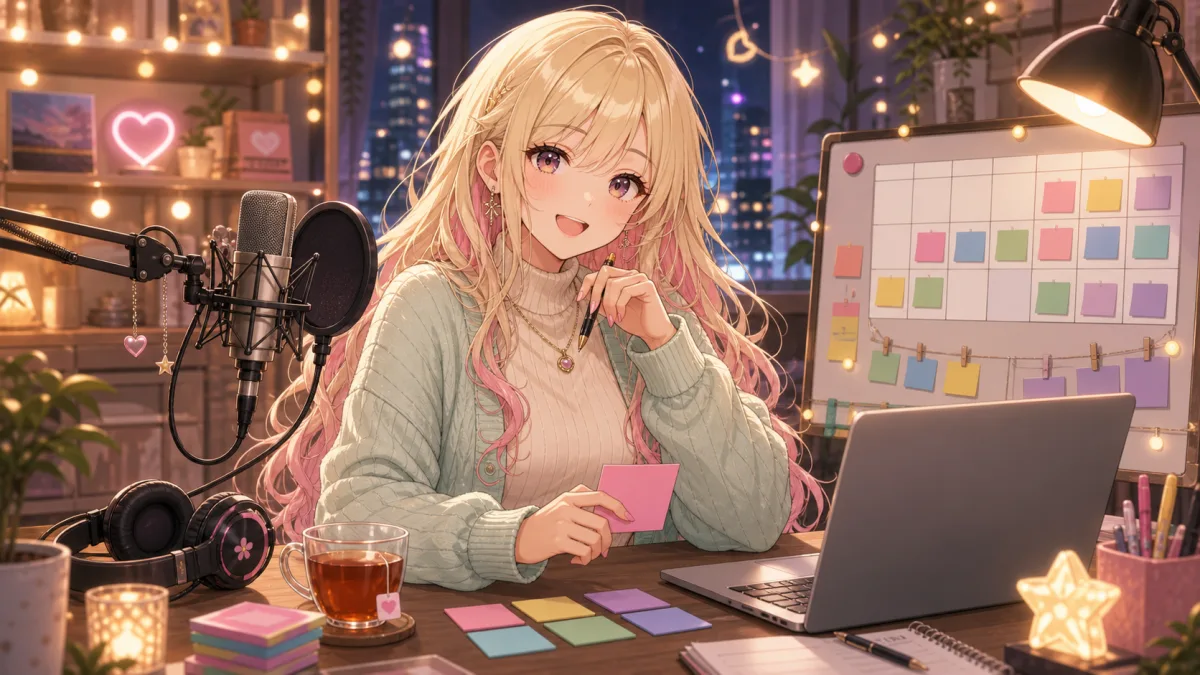 女性キャラクターが配信終了画面、ショート動画メモ、夜配信カレンダーを確認するイメージ