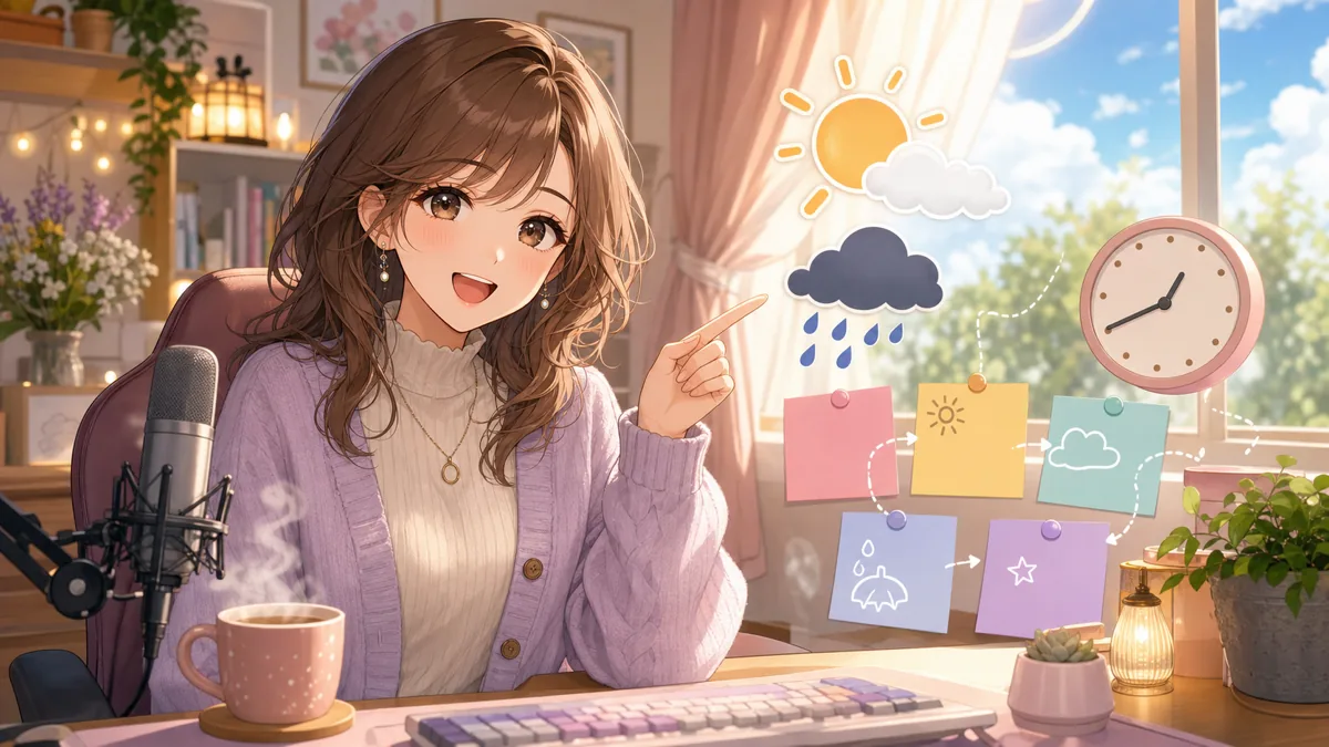 朝の配信部屋で女性キャラクターが窓辺の天気アイコンと配信モニターを見ながら手を振るイメージ