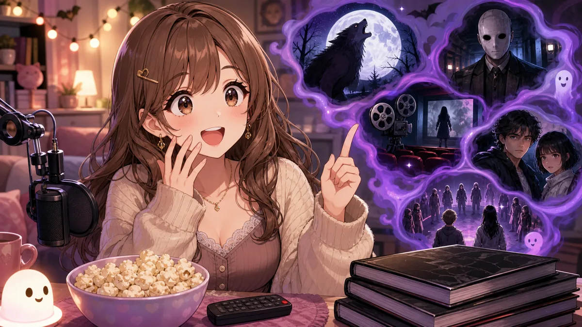明るい部屋で女性キャラクターがホラー漫画と映画リモコンを前に驚きつつ笑うイメージ