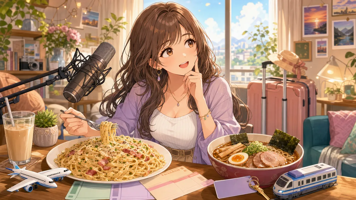 カフェ風の配信机で女性キャラクターが大きなパスタ皿、飛行機チケット、ホテルキーを並べて考えるイメージ