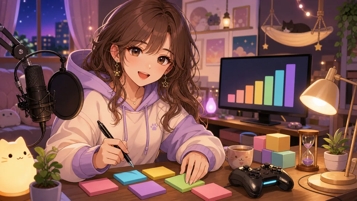 女性キャラクターが配信画面の登録者カウンターと猫用ハンモックを見守る明るい部屋のイメージ