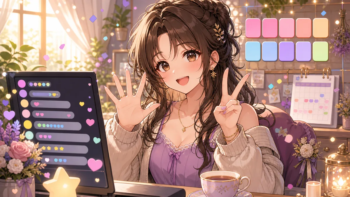 朝の部屋で女性キャラクターがチャット画面と色パネルを前に両手で数を示すイメージ