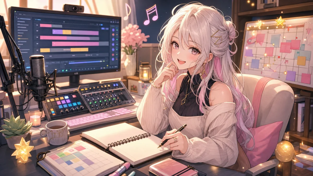 配信タイムラインと作業メモを前に女性キャラクターが次の予定を整理するイメージ