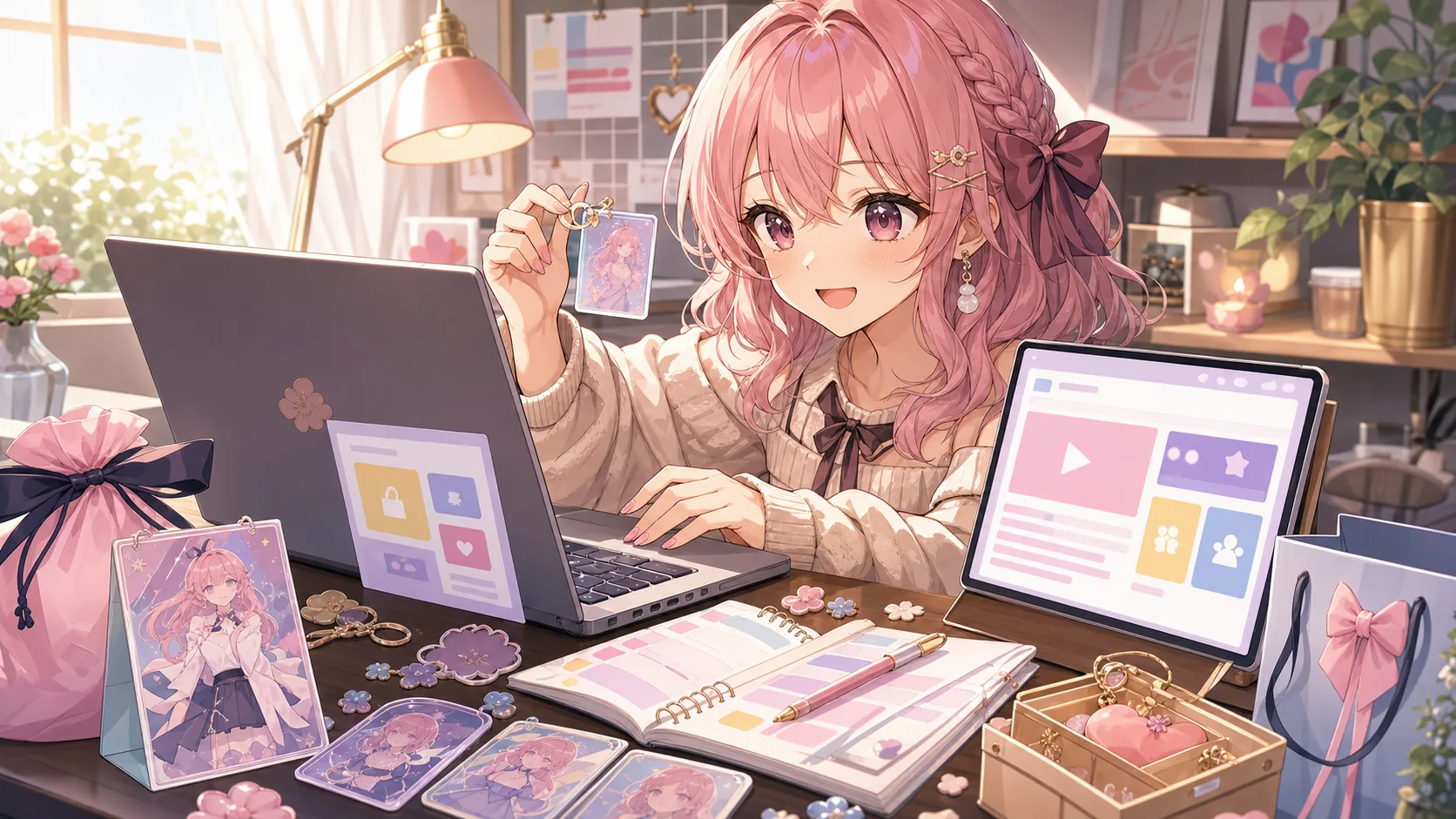 グッズ案内、概要欄のリンク、プレミア公開の待機画面を配信机で整理するオリジナル女性キャラクターのイメージ