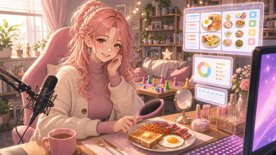 朝の配信部屋でトーストとヘアブラシを前に微笑むオリジナル女性キャラクター