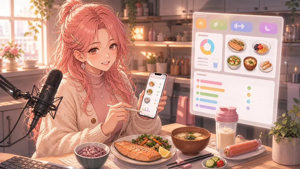 食事記録アプリと焼き鮭の朝食を見ながら考えるオリジナル女性キャラクター