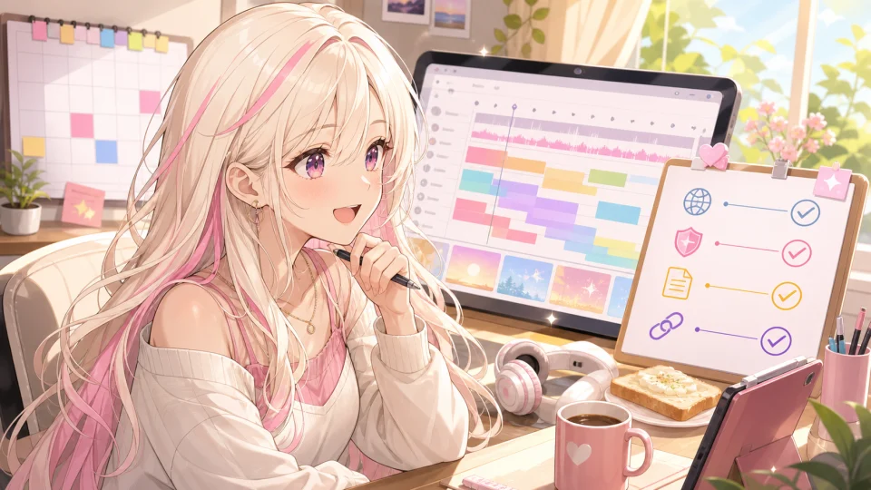朝の作業机でタイムラインと確認ボードを見比べるオリジナル女性キャラクター