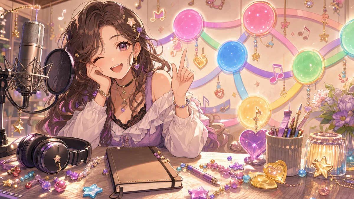 マイクとヘッドホンのある机で、色の丸とリボンの導線を指す女性キャラクター
