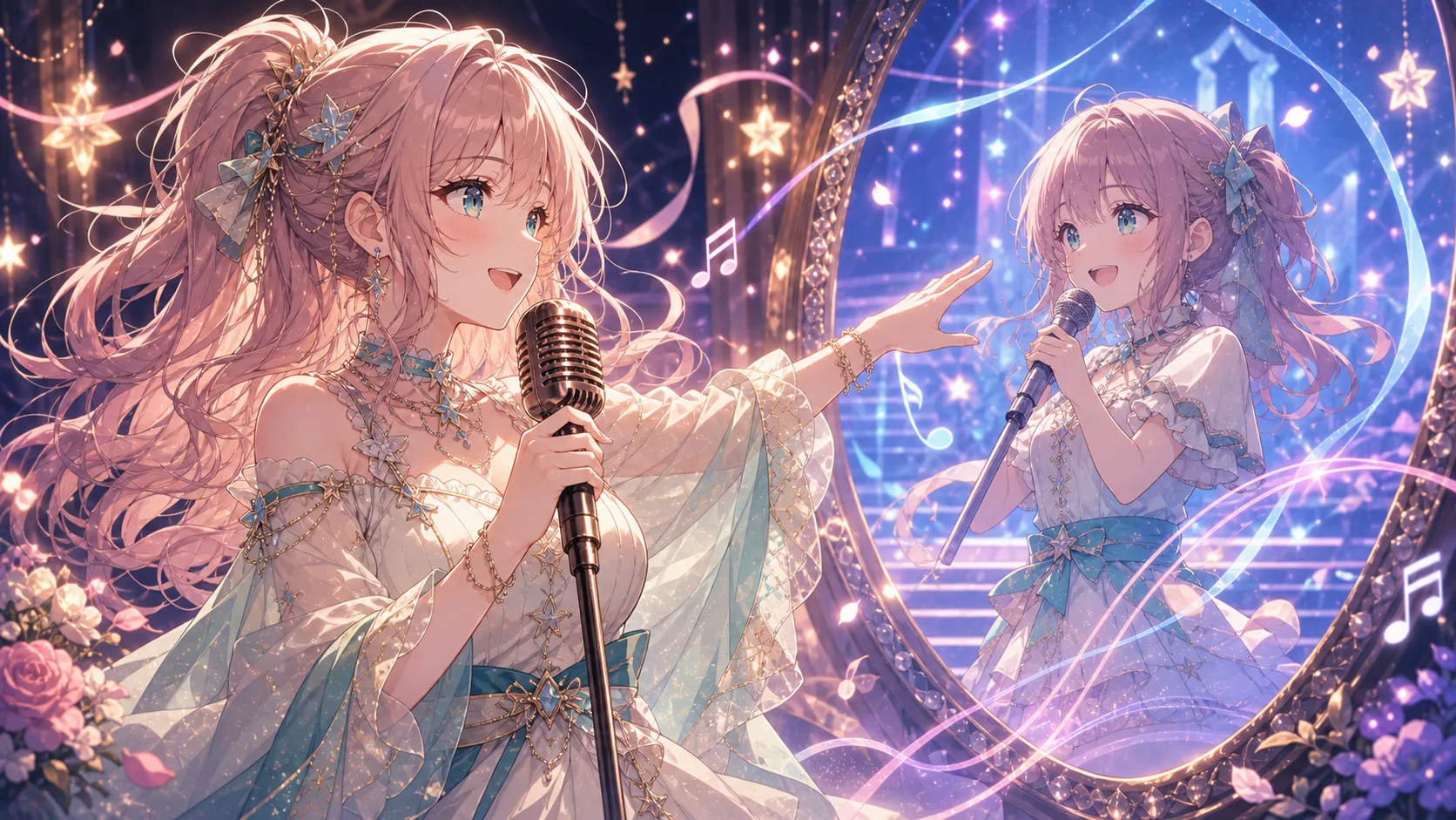 初配信曲を今の歌声で振り返る場面をイメージしたオリジナルイラスト