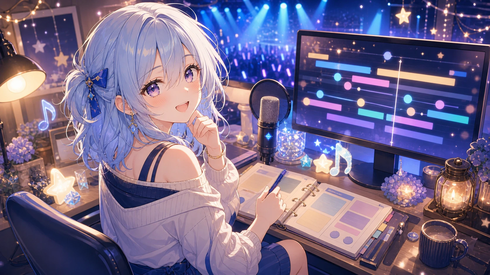 アーカイブ確認用のモニターとマイクを置いたデスクを描いたオリジナルイラスト