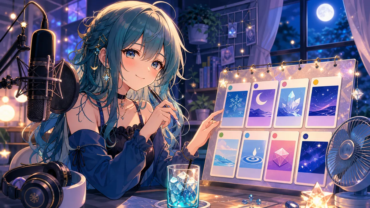 涼しい曲を選ぶ夜のセトリと配信部屋を整理するオリジナル女性キャラクターのイメージ