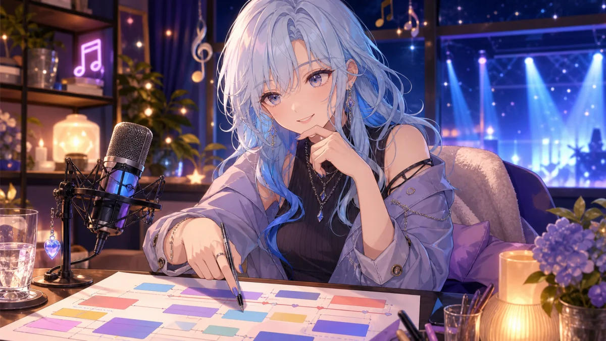 夜の配信部屋で抽象的なセトリ表を見ながら歌枠の流れを整理するオリジナル女性キャラクターのイメージ