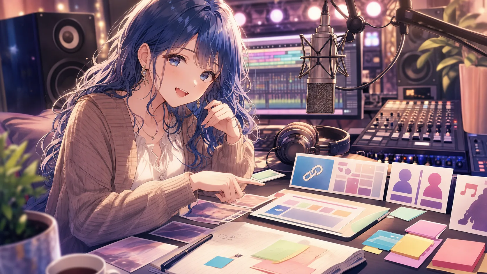 概要欄の本家リンクと制作クレジットを整理するオリジナル女性キャラクターのイメージ