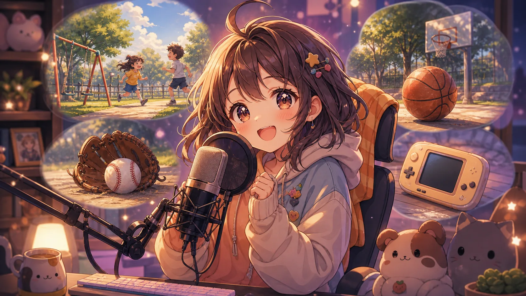 マイク前で歌ったあと公園遊びとゲーム機の思い出を振り返るオリジナルキャラクターのイメージ