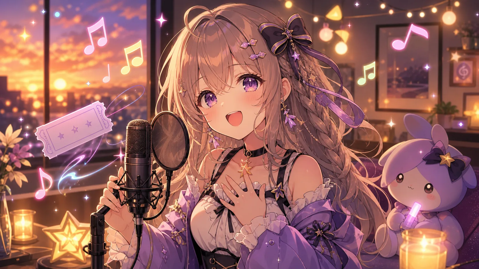 明るい夕方の配信部屋でポップな音符と映画チケットを並べるオリジナルキャラクターのイメージ