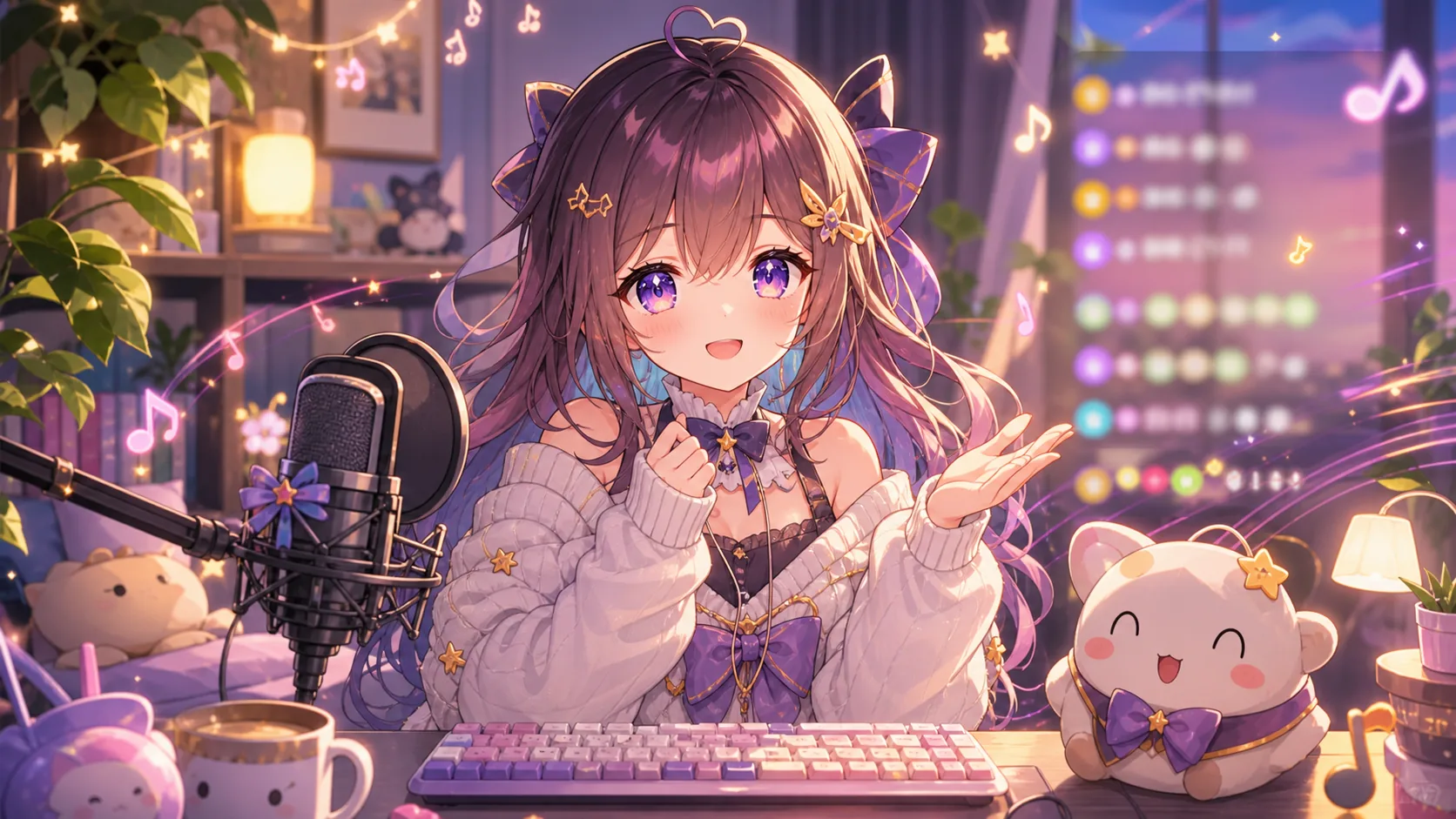 配信画面のコメント対応から明るい曲へ切り替えるオリジナルキャラクターと小さなマスコットのイメージ