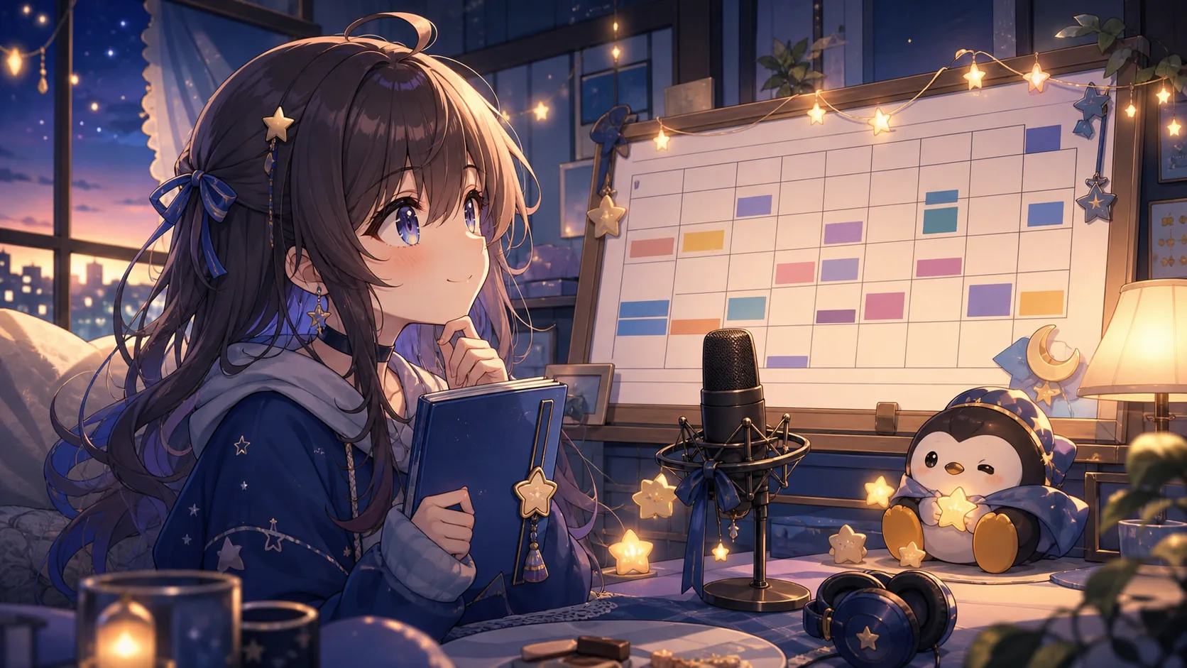 夕方から夜へ変わる配信部屋で青いノートと予定表を見つめるオリジナルキャラクターのイメージ