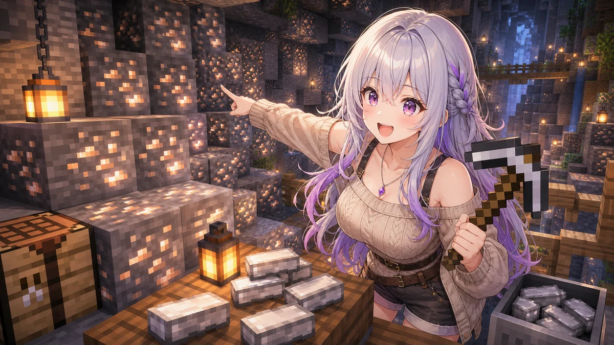 明るい洞窟で鉄鉱石を見つけて驚く冒険者たちのイメージ